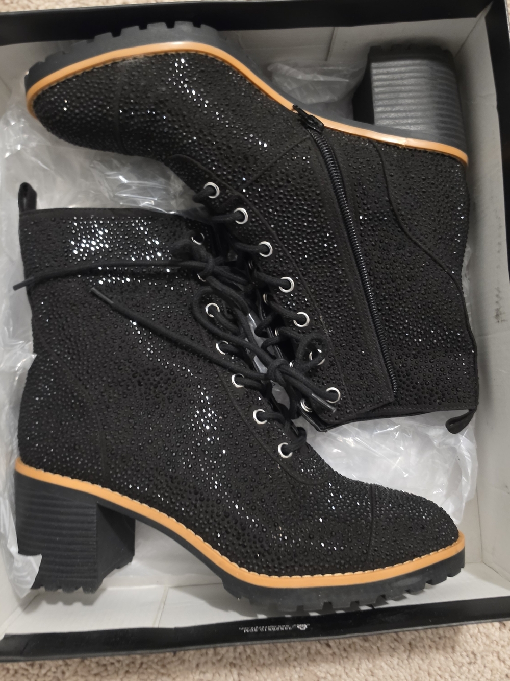 INC International Concepts Black Sparkle Lace-Up Block Heel Boots with Tan Trim